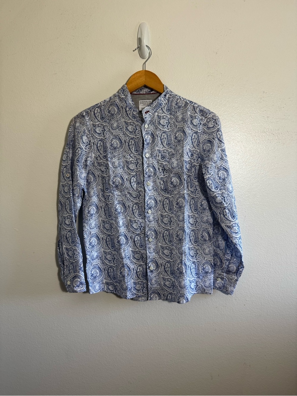 New Brunello Cucinelli Paisley Blue Button-Up  Mandarin Collar Shirt size 12